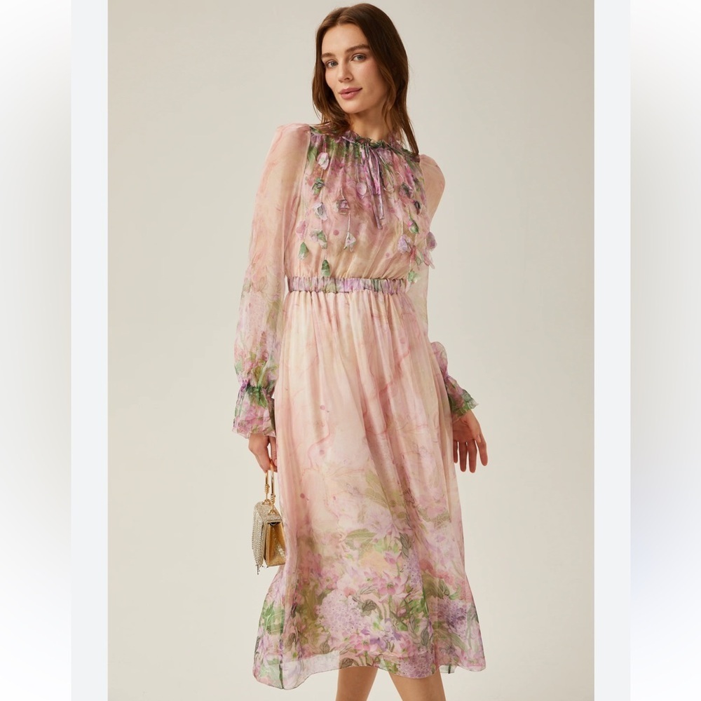 NWT Miss Rosier JUSTINE Dress floral print cinched midi size Small PINK cottage - Picture 3 of 16